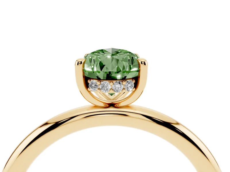 Fancy Green Pear Cut Diamond Solitaire Ring Set in Yellow gold with Thin Band and Prong Setting