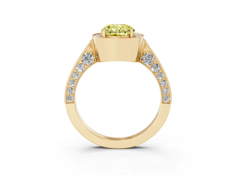 Oval Milgrain Halo Engagement Ring Setting for a Fancy Yellow Lab-Grown Diamond | Side Stones | Yellow Gold