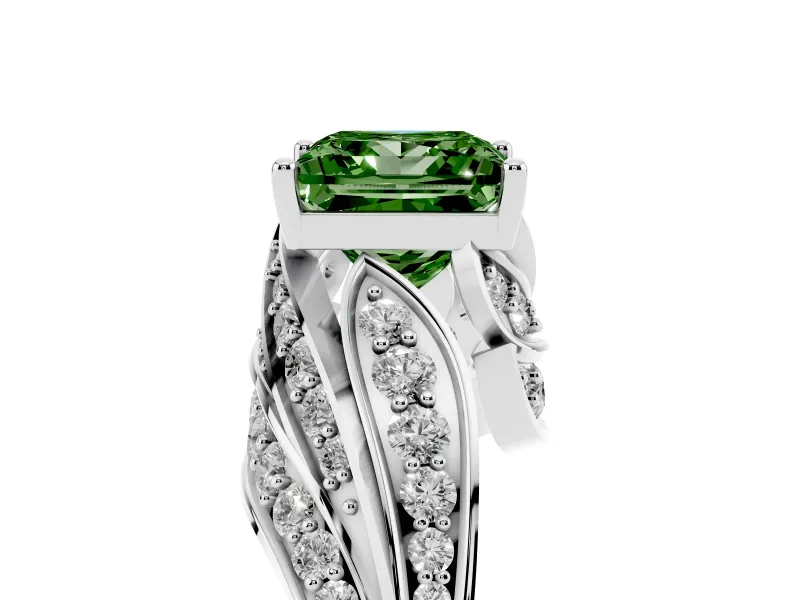 Fancy Green Princess Cut Diamond Solitaire Ring Set in Silver with Layered Twist Pavé Band