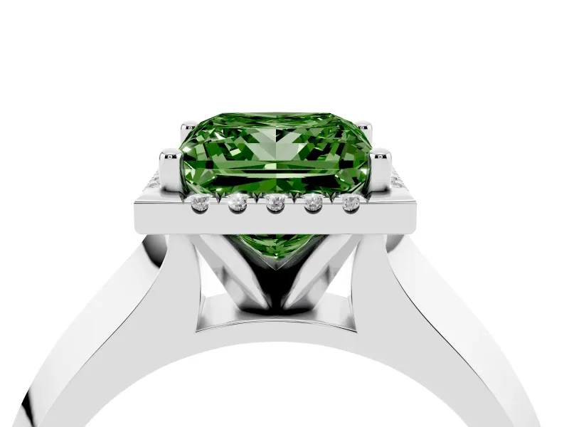 Fancy Green Princess Cut Diamond Halo Ring Set in White gold with Cathedral Band and Prong Setting