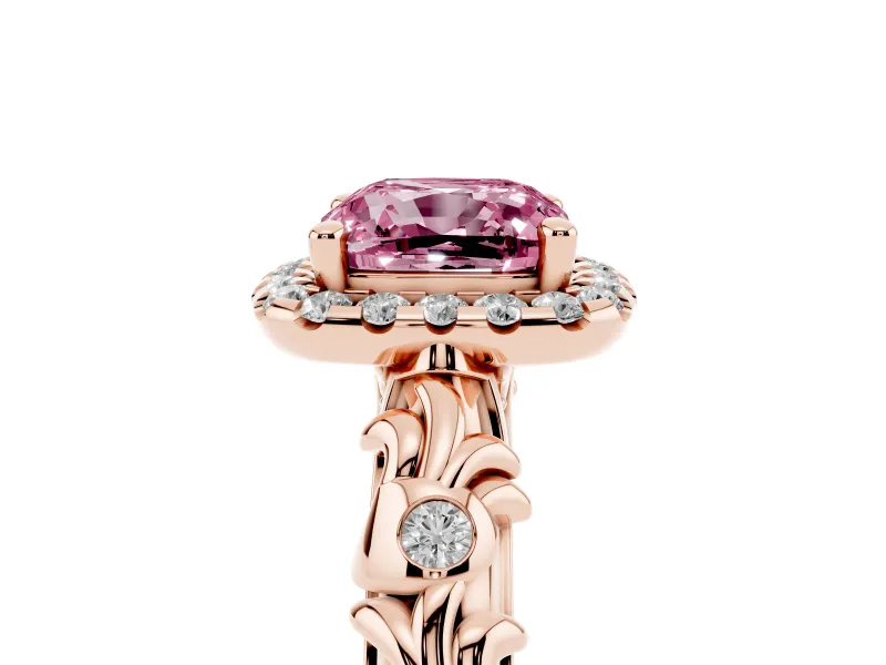 Cushion Cut Leaf Halo Engagement Ring Setting for a Fancy Pink Lab-Grown Diamond | Bezel Accents | Rose Gold