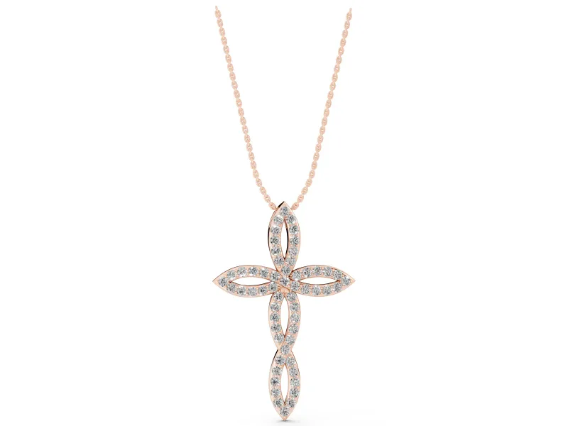 Round Lab-Grown Diamond Pavé Cross Pendant Necklace | Open Marquise Arms | Rose Gold
