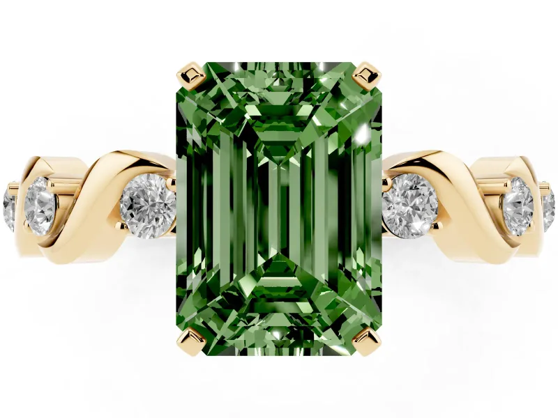 Emerald Cut Ribbon Twist Engagement Ring Setting for a Fancy Green Lab-Grown Diamond | Accented Shoulders | Yellow Gold