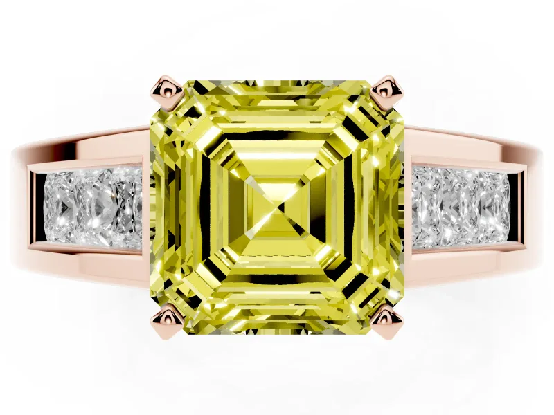 Fancy Yellow Asscher Cut Diamond Solitaire Ring Set in Rose gold with Channel-Set Accent Stones and Prong Setting