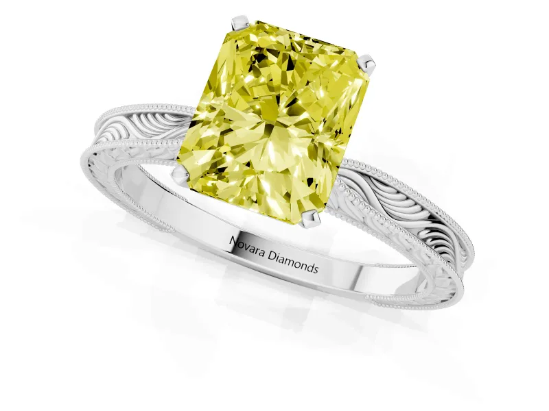 Fancy Yellow Radiant Cut Diamond Solitaire Milgrain Engraved Band Set in Platinum with Prong Setting