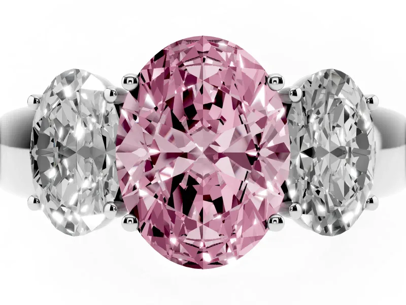Fancy Pink Three-Stone Oval Cut Diamond Ring Set in Silver with Matching Prong Settings and Plain Band