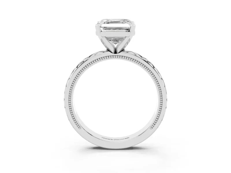 Asscher Cut Diamond Solitaire Ring Set in White gold with Milgrain and Black Enamel X Pattern Band