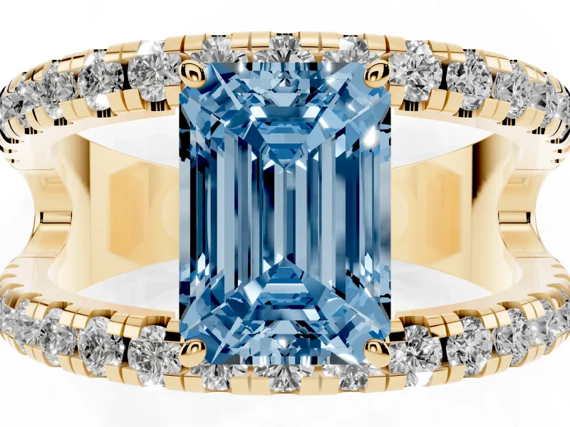 Emerald Cut Split Shank Pavé Engagement Ring Setting for a Fancy Blue Lab-Grown Diamond | Yellow Gold