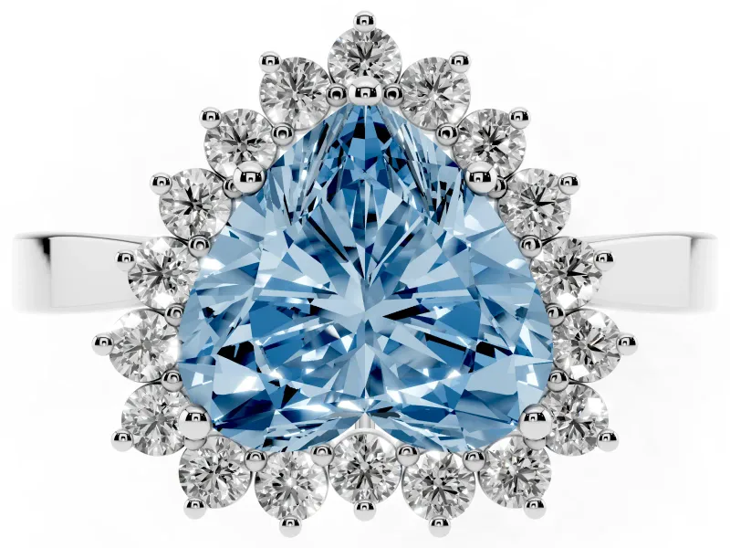 Fancy Blue Heart Cut Diamond Halo Ring Set in White gold with Round Halo and Smooth Solitaire Band