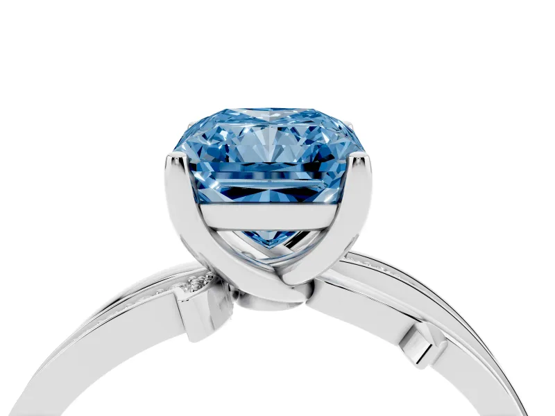 Fancy Blue Radiant Cut Diamond Pavé Twist Band Solitaire Ring Set in White gold with Prong Setting