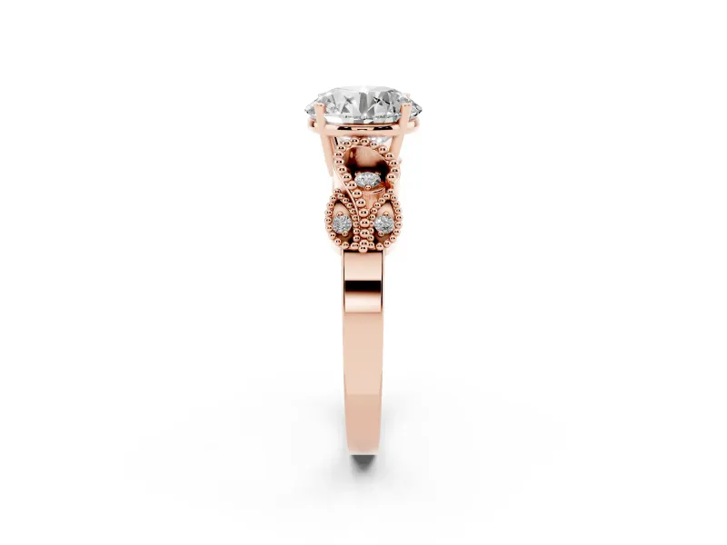 Round Vintage Leaf Solitaire Engagement Ring Setting | Milgrain Edges | Rose Gold