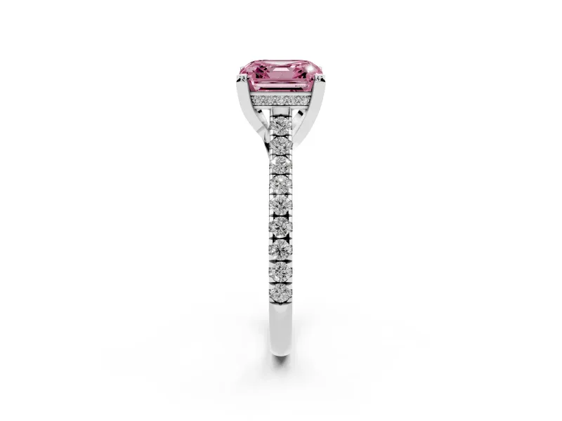 Asscher Cut Hidden Halo Pave Engagement Ring Setting for a Fancy Pink Lab-Grown Diamond | Claw Prongs | Sterling Silver
