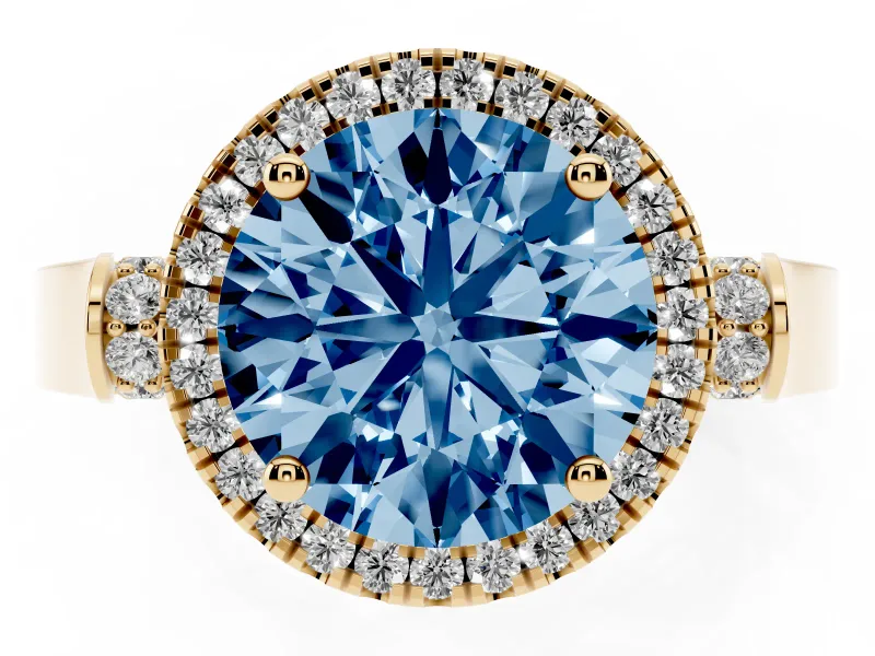 Round Pavé Halo Engagement Ring Setting for a Fancy Blue Lab-Grown Diamond | Yellow Gold