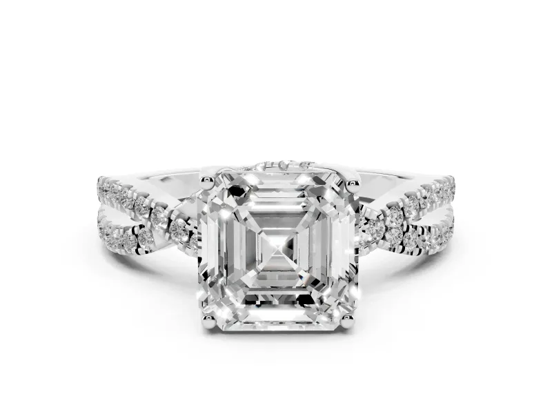 Asscher Cut Diamond Twist Pavé Solitaire Engagement Ring Set in White gold with Prong Setting