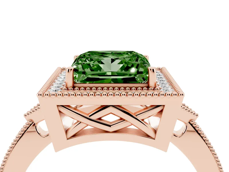 Princess Cut Milgrain Halo Engagement Ring Setting for a Fancy Green Lab-Grown Diamond | Graduated Pavé | Rose Gold