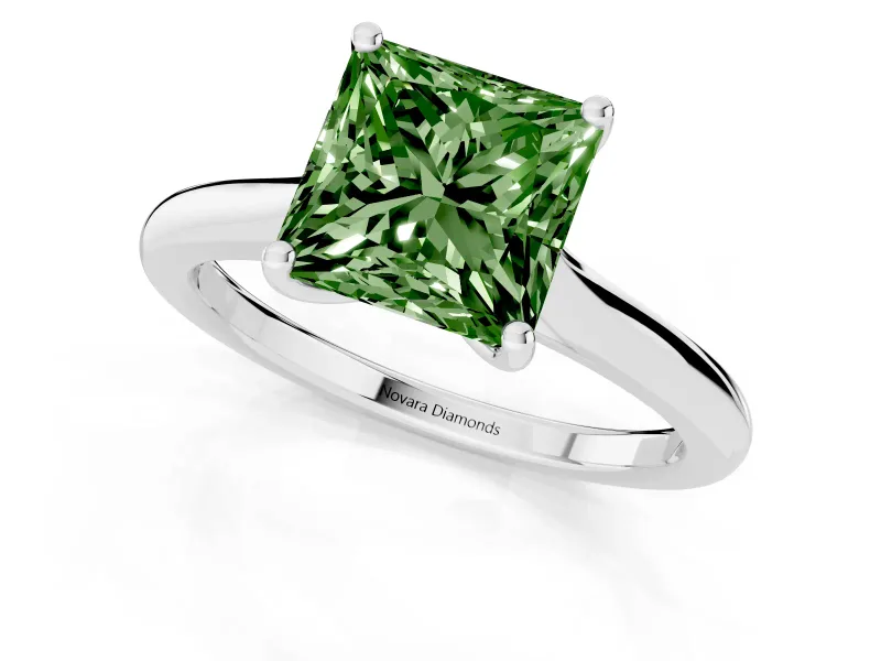 Fancy Green Princess Cut Diamond Solitaire Ring Set in White gold with Cathedral Band and Prong Setting