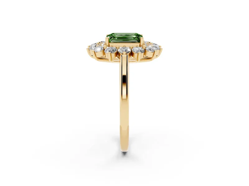 Emerald Cut Floral Double Halo Engagement Ring Setting for a Fancy Green Lab-Grown Diamond | Plain Band | Yellow Gold
