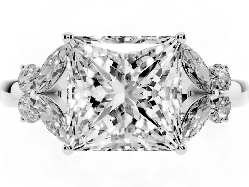 Princess Cut Diamond Solitaire Floral Ring Set in Silver with Marquise Petals and Prong Setting