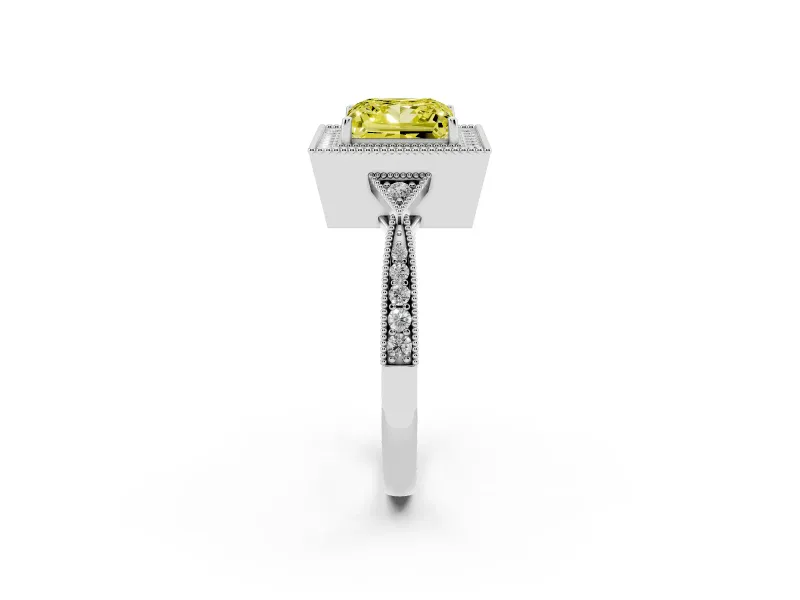 Fancy Yellow Princess Cut Diamond Halo Engagement Ring Set in White gold with Milgrain Pavé Band