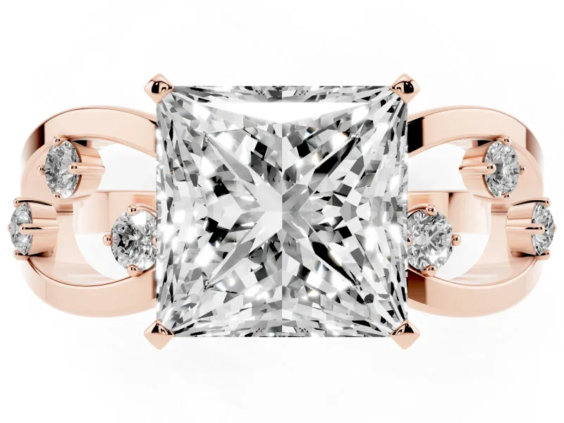 Princess Cut Diamond Solitaire Ring Set in Rose gold with Side Stones on Criss-Cross Band and Prong Setting