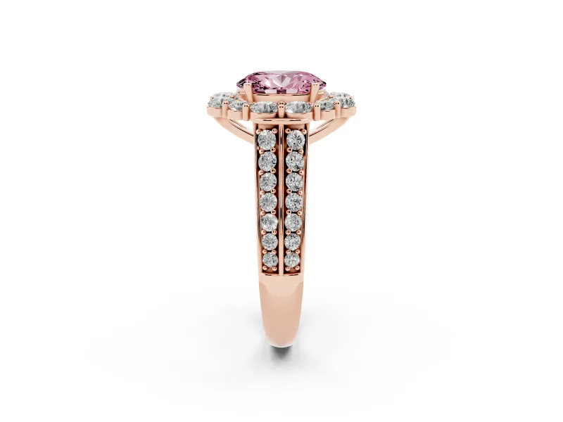 Fancy Pink Oval Cut Diamond Halo Engagement Ring Set in Rose gold with Split Shank and Prong Setting