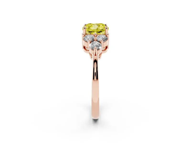 Cushion Cut Cluster Side Stone Engagement Ring Setting for a Fancy Yellow Lab-Grown Diamond | Plain Band | Rose Gold