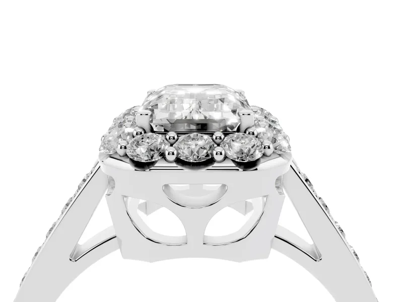 Emerald Cut Diamond Floral Halo Ring Set in Platinum with Pavé Band and Prong Setting