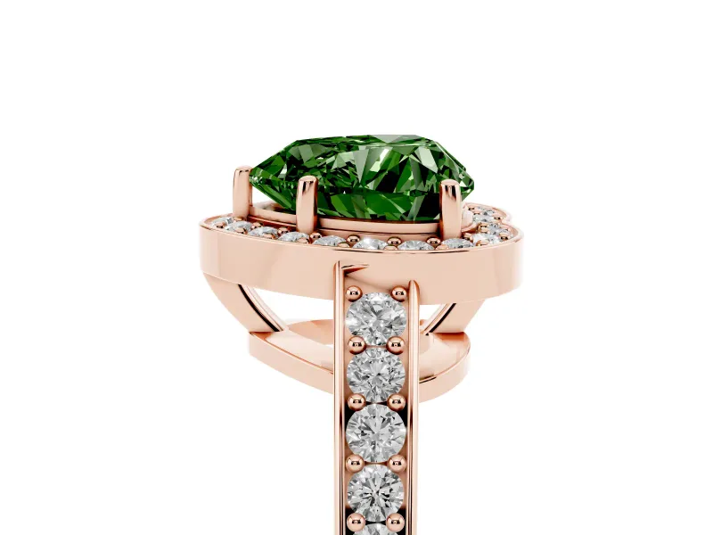 Fancy Green Heart Cut Diamond Halo Pavé Engagement Ring Set in Rose gold with Bezel Setting