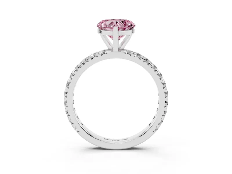 Fancy Pink Heart Cut Diamond Pavé Solitaire Ring Set in Silver with Round Band and Prong Setting