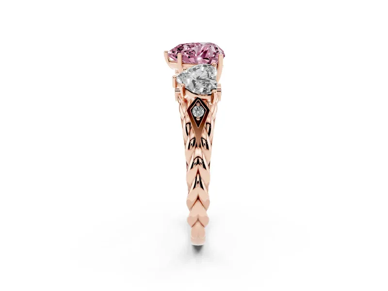 Heart-Shaped Three Stone Engagement Ring Setting for a Fancy Pink Lab-Grown Diamond | Braided Band | Rose Gold