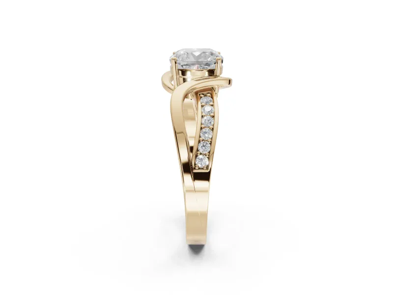Cushion Cut Bypass Solitaire Engagement Ring Setting | Pavé and Plain Strands | Yellow Gold