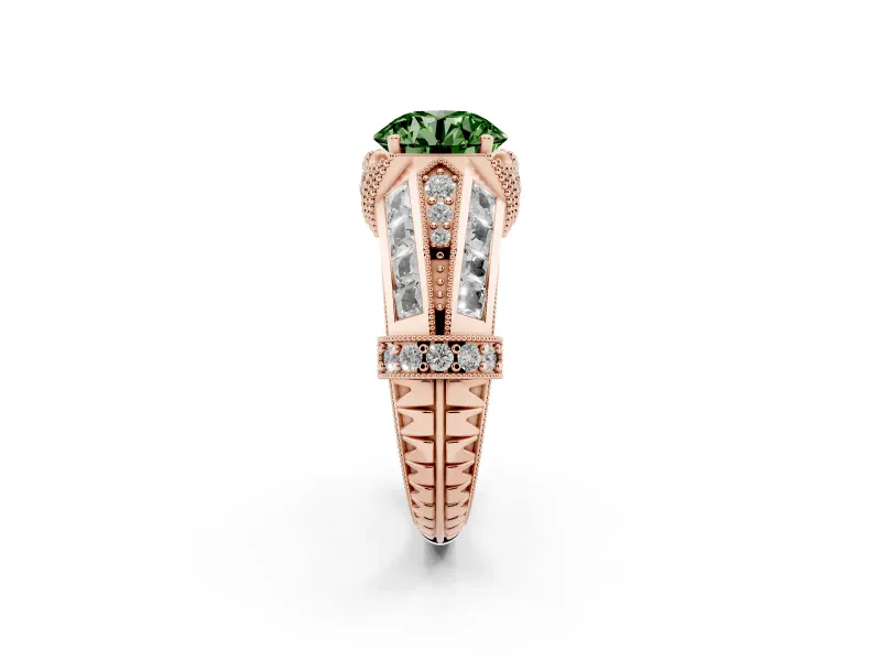 Fancy Green Round Cut Diamond Vintage-Inspired Milgrain Ring Set in Rose gold with Accent Split Shank