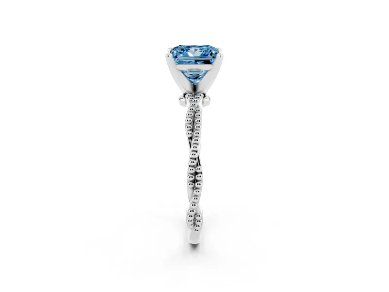 Fancy Blue Princess Cut Diamond Solitaire Ring Set in Silver with Twisted Band and Bead Prong Setting