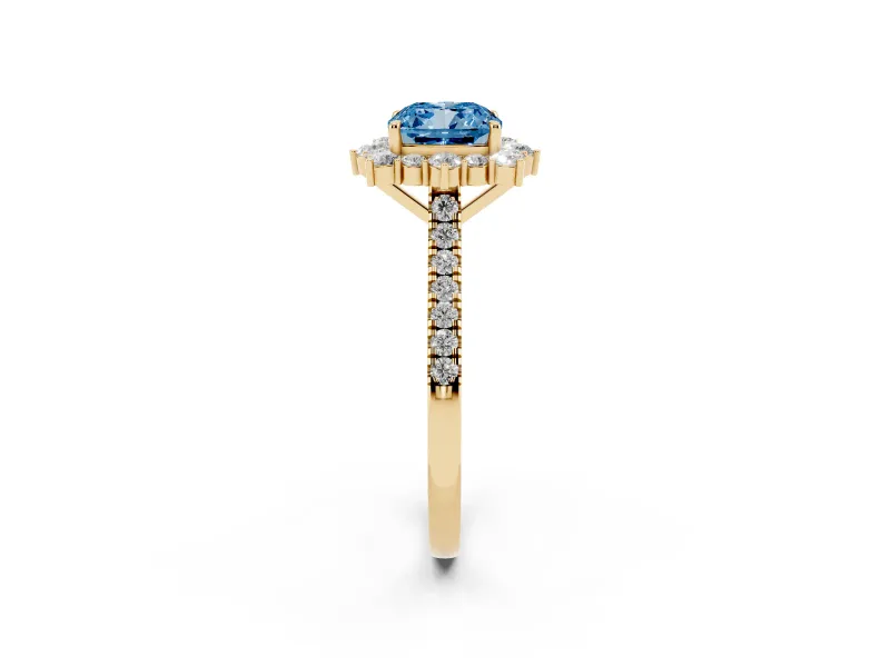 Cushion Cut Scalloped Halo Engagement Ring Setting for a Fancy Blue Lab-Grown Diamond | Single Row Pave | Yellow Gold
