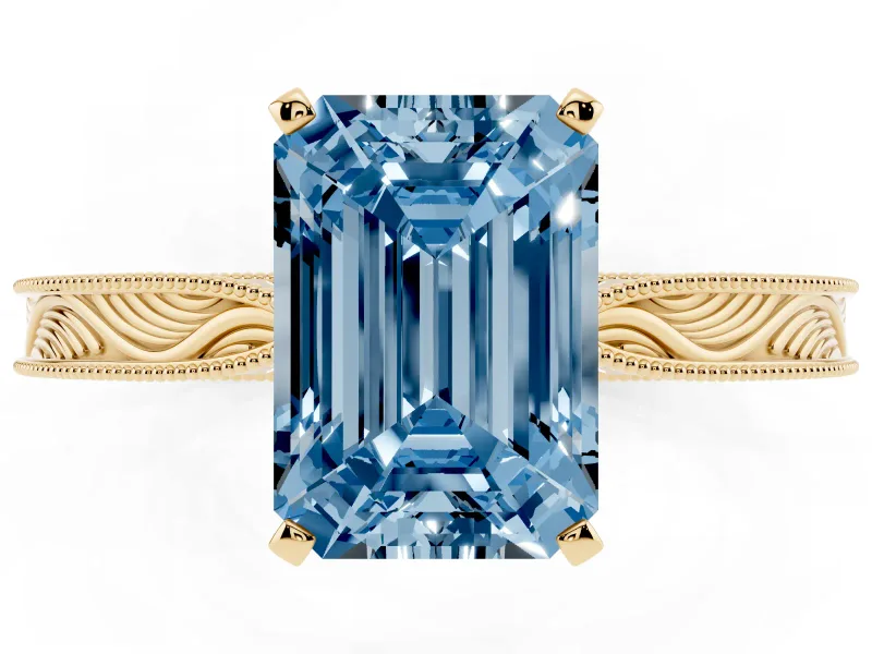 Emerald Cut Engraved Engagement Ring Setting for a Fancy Blue Lab-Grown Diamond | Yellow Gold