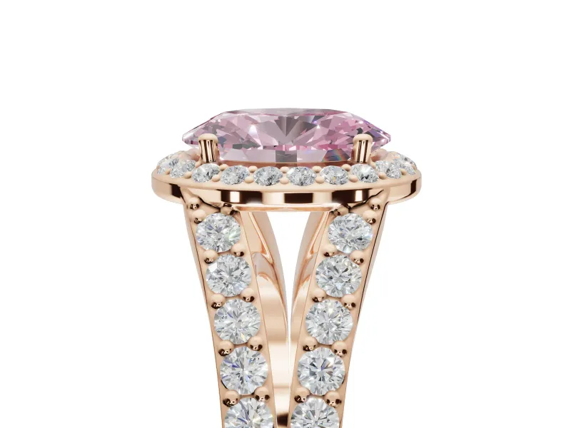 Oval Halo Pavé Engagement Ring Setting for a Fancy Pink Lab-Grown Diamond | Narrow Split Shank | Rose Gold