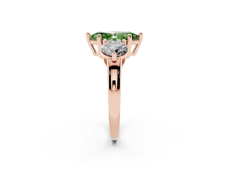 Fancy Green Marquise Cut Diamond Three-Stone Ring Set in Rose gold with Prong Setting and Classic Band