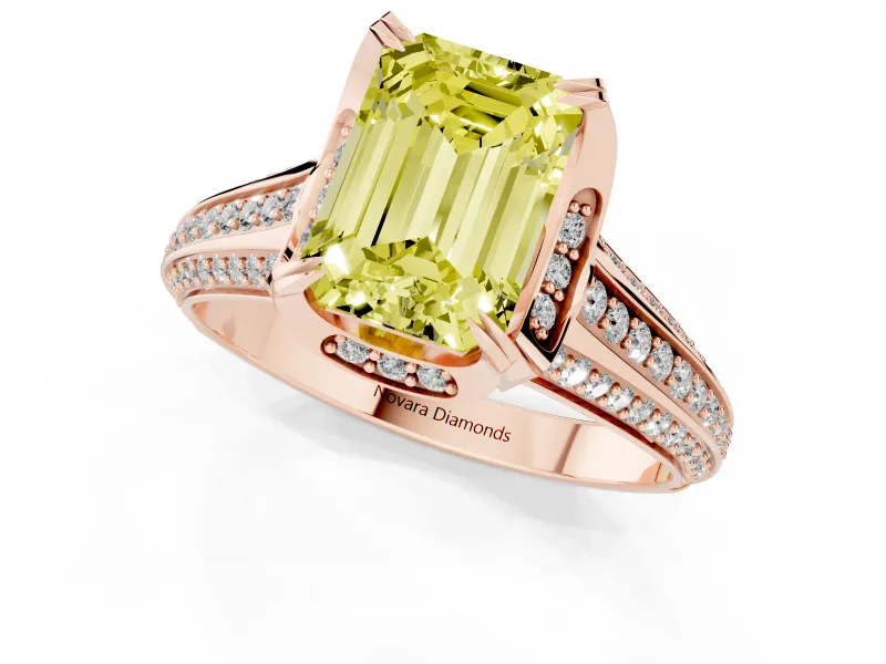 Fancy Yellow Emerald Cut Diamond Pavé Split Shank Solitaire Ring Set in Rose gold with Prong Setting