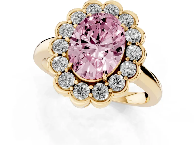 Oval Scalloped Cluster Halo Engagement Ring Setting for a Fancy Pink Lab-Grown Diamond | Plain Band | Yellow Gold