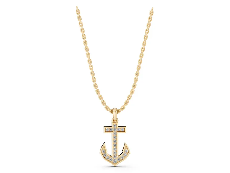 Round Lab-Grown Diamond Pavé Anchor Pendant Necklace | Pointed Flukes | Yellow Gold