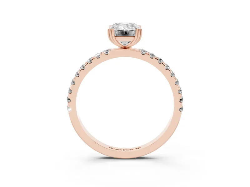 Emerald Cut Diamond Brilliant Solitaire Set in Rose gold with Pavé Band and Claw Prong Setting