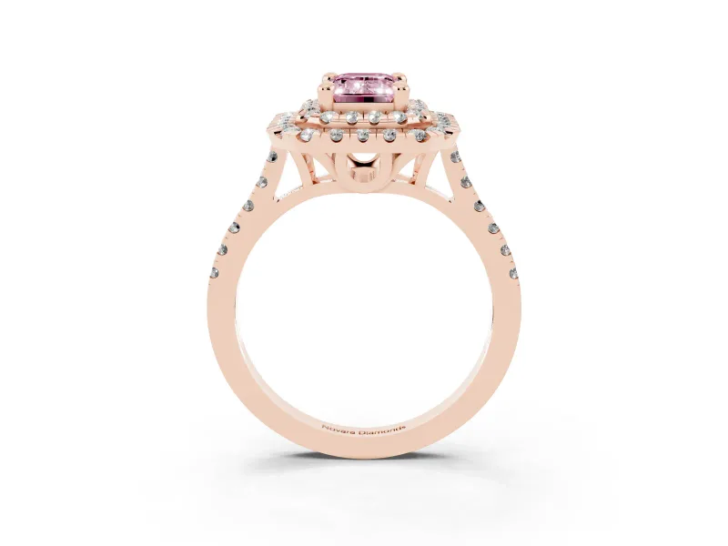 Fancy Pink Emerald Cut Diamond Double Halo Statement Ring Set in Rose gold with Pavé Band