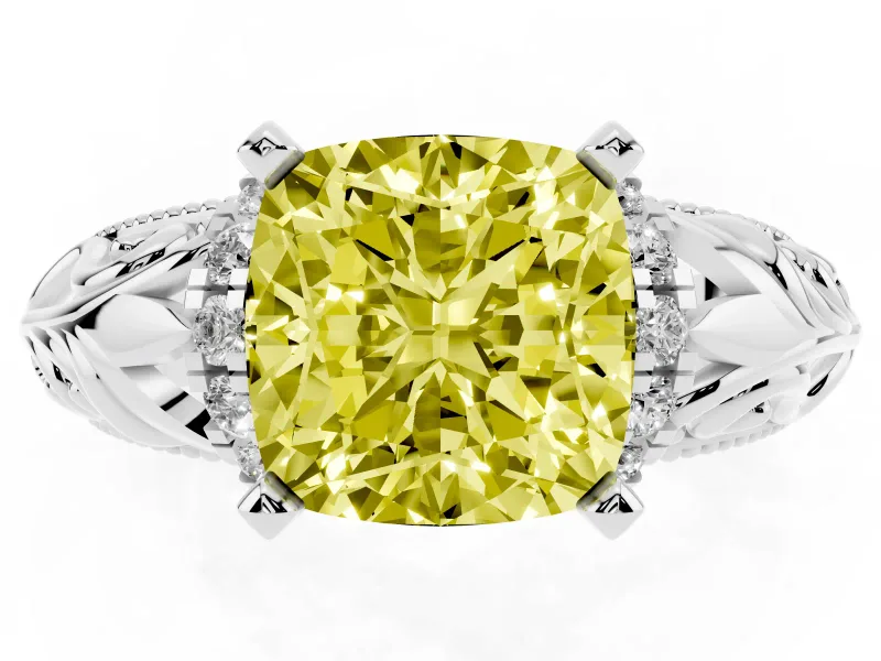 Fancy Yellow Cushion Cut Diamond Filigree Halo Engagement Ring Set in Platinum with Prong Setting