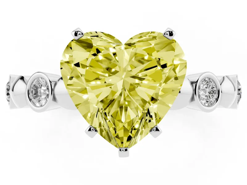 Fancy Yellow Heart Cut Diamond Solitaire Ring Set in White gold with Bezel-Set Accents on Beaded Band and Prong Setting