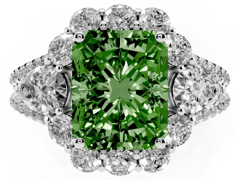 Fancy Green Radiant Cut Diamond Halo Split Shank Engagement Ring Set in Silver with Prong-Held Center Stone