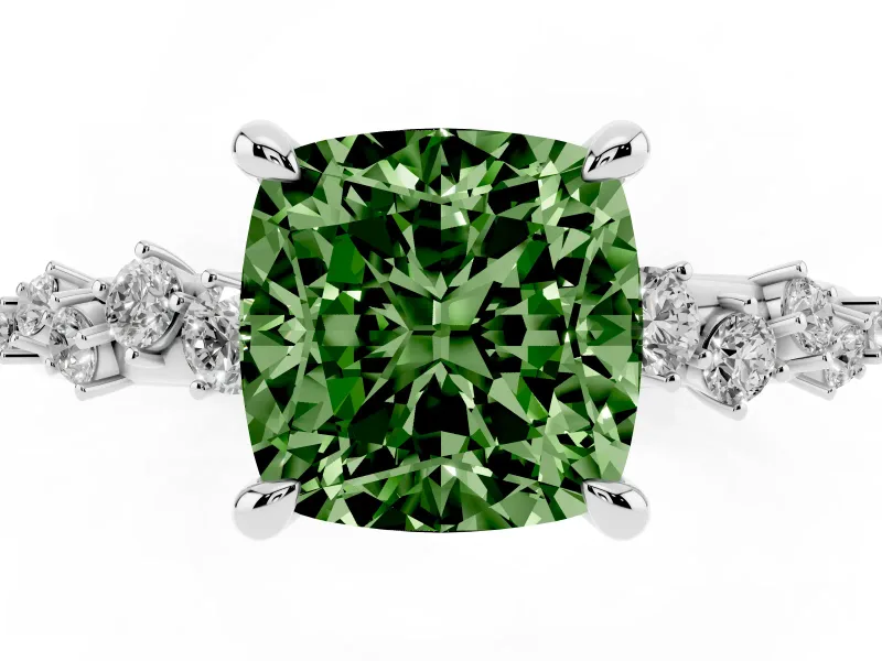 Fancy Green Cushion Cut Diamond Solitaire Vine Band Ring Set in Platinum with Round Accents and Prong Setting