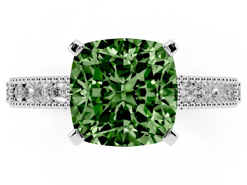 Fancy Green Cushion Cut Diamond Solitaire Ring Set in Platinum with Slim Pavé Band and Prong Setting