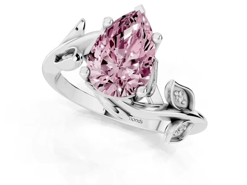 Fancy Pink Pear Cut Diamond Solitaire Twist Engagement Ring Set in White gold with Pavé Leaf Accents