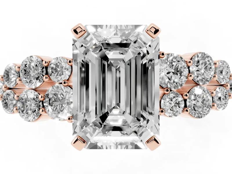 Emerald Cut Diamond Cluster Engagement Ring Set in Rose gold with Pavé Band and Prong Setting