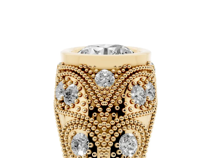 Round Vintage Bezel Engagement Ring Setting | Beaded Paisley Shoulders | Yellow Gold